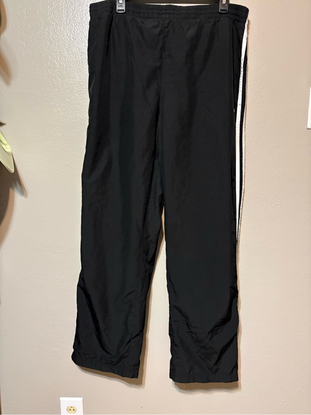 Men’s Adidas Windbreaker Black Pants with Side Stripes and zipper on legs Size L